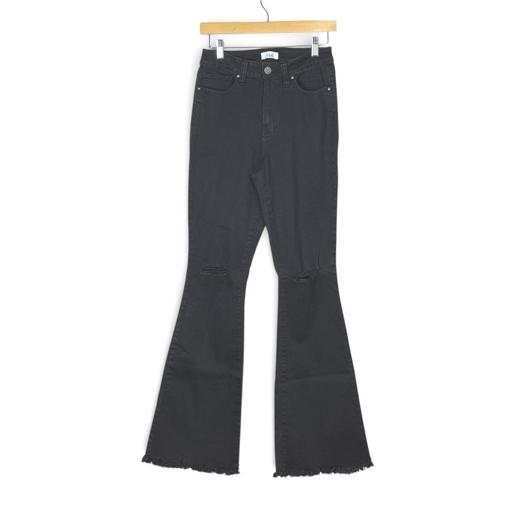 YMI Women Flare Jeans Size 9 Black High Rise Distressed Raw Hem Country Western